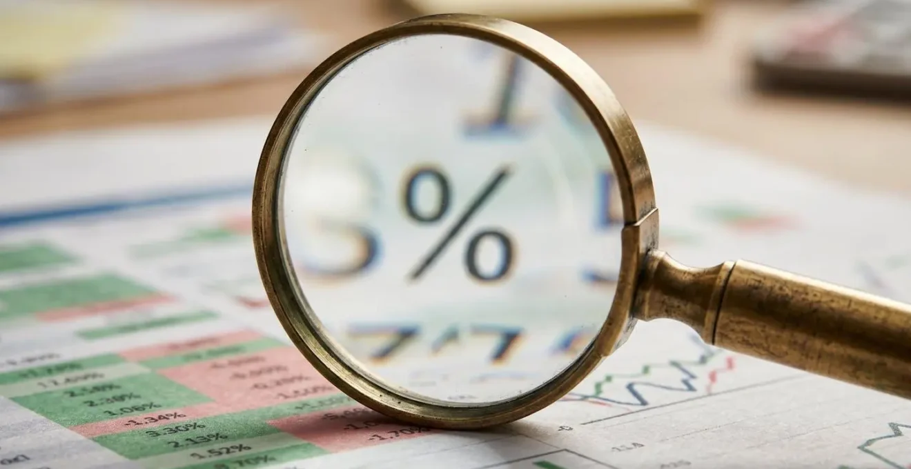 Close-up macro photograph of magnifying glass distorting financial percentage figures to appear larger, symbolizing how leverage metrics can create misleading return perceptions