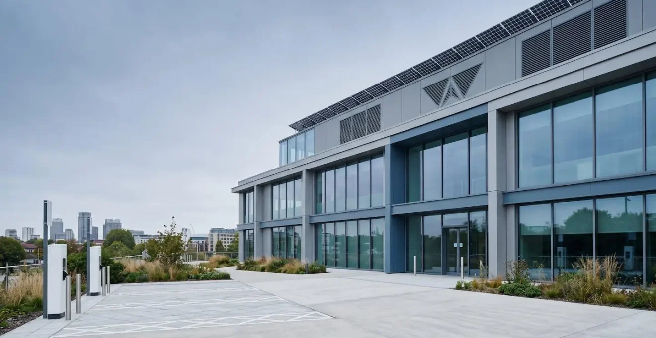 Environmental minimalist wide shot of modern UK commercial building exterior showcasing sustainable energy features