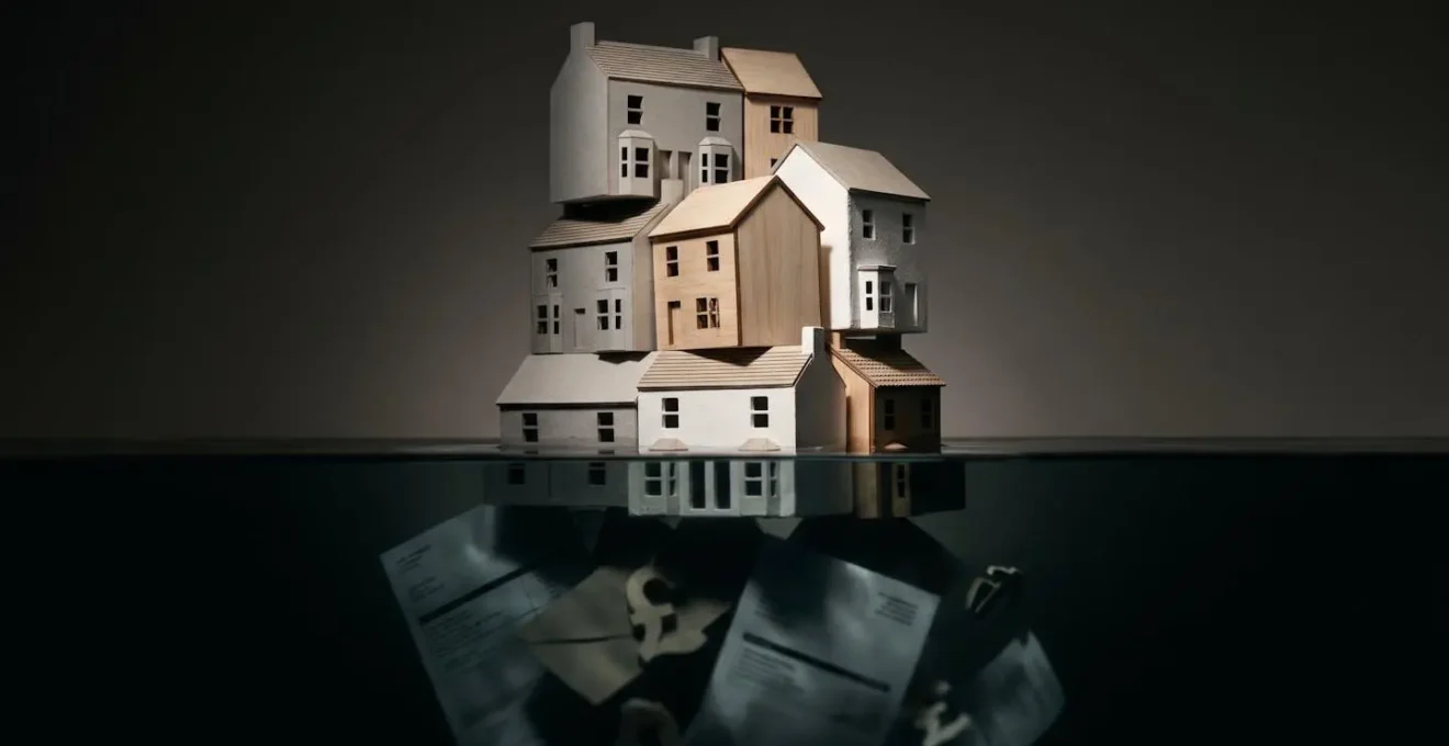 Abstract visual representation of concealed property financial obligations in UK real estate portfolio