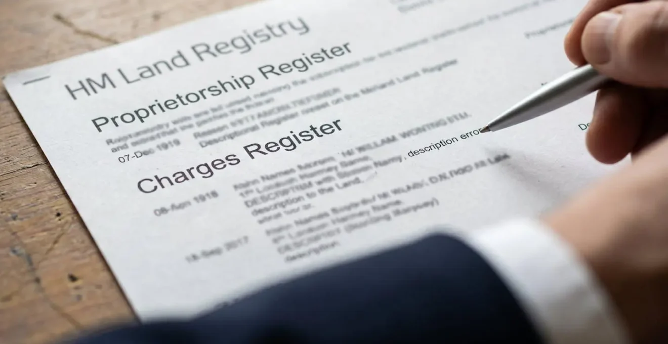 Extreme close-up detail of official property title register showing critical entry sections