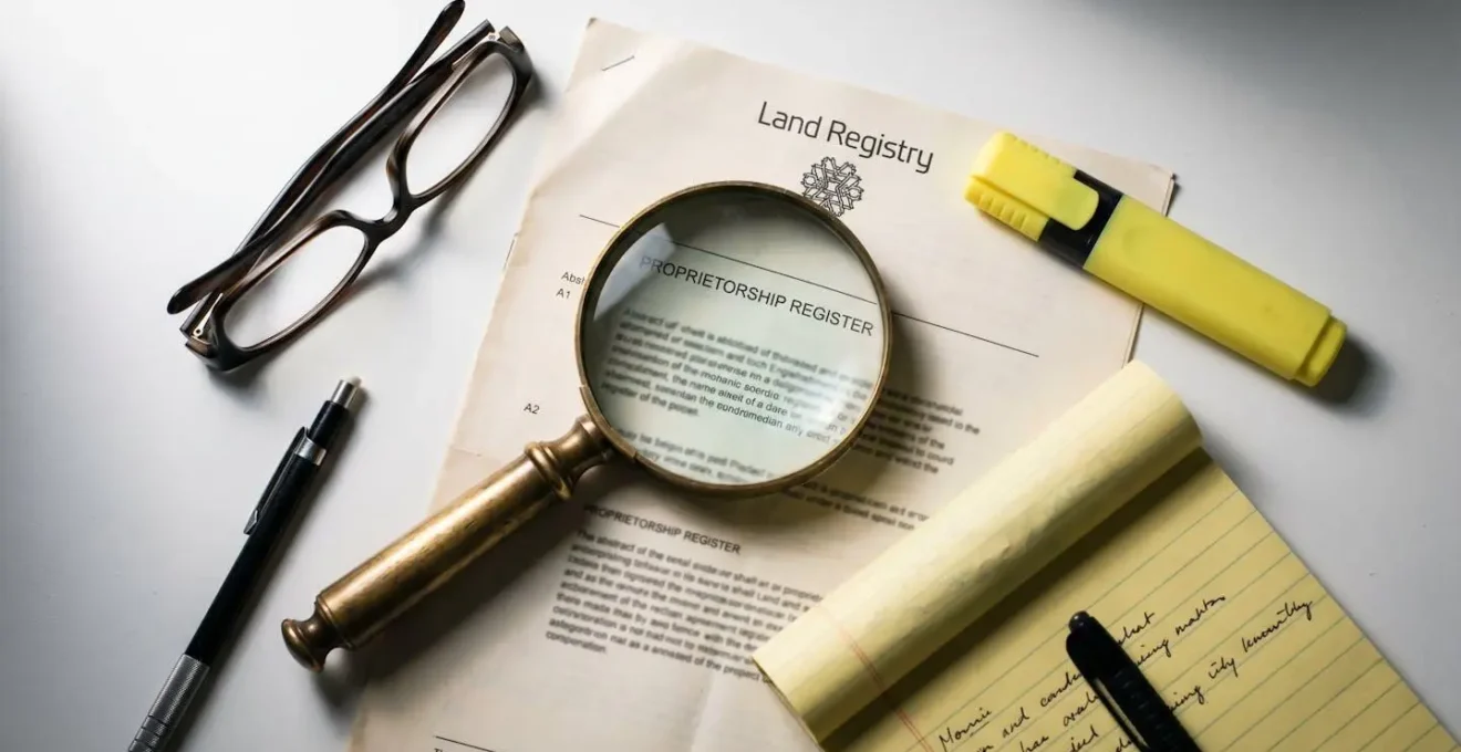 Detailed close-up of UK Land Registry title document with magnifying glass revealing critical restriction clause requiring careful legal analysis
