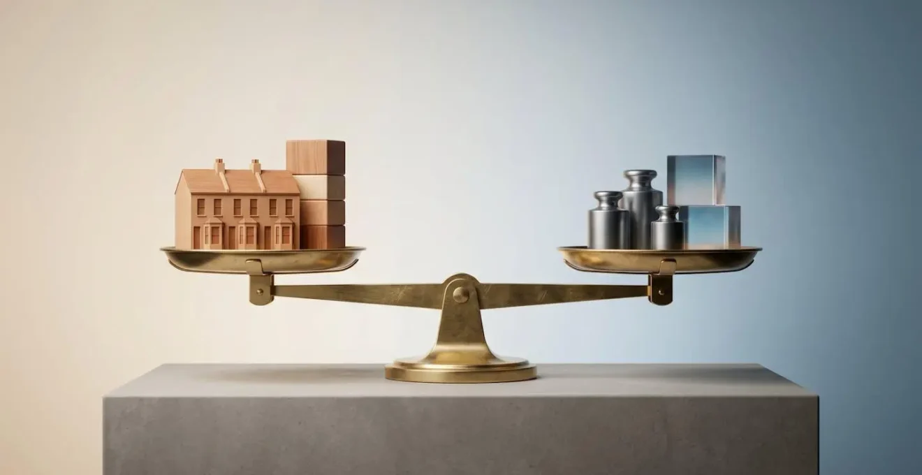 Abstract visual metaphor showing balanced scales with property investment elements representing the delicate equilibrium between leverage risk and return optimization