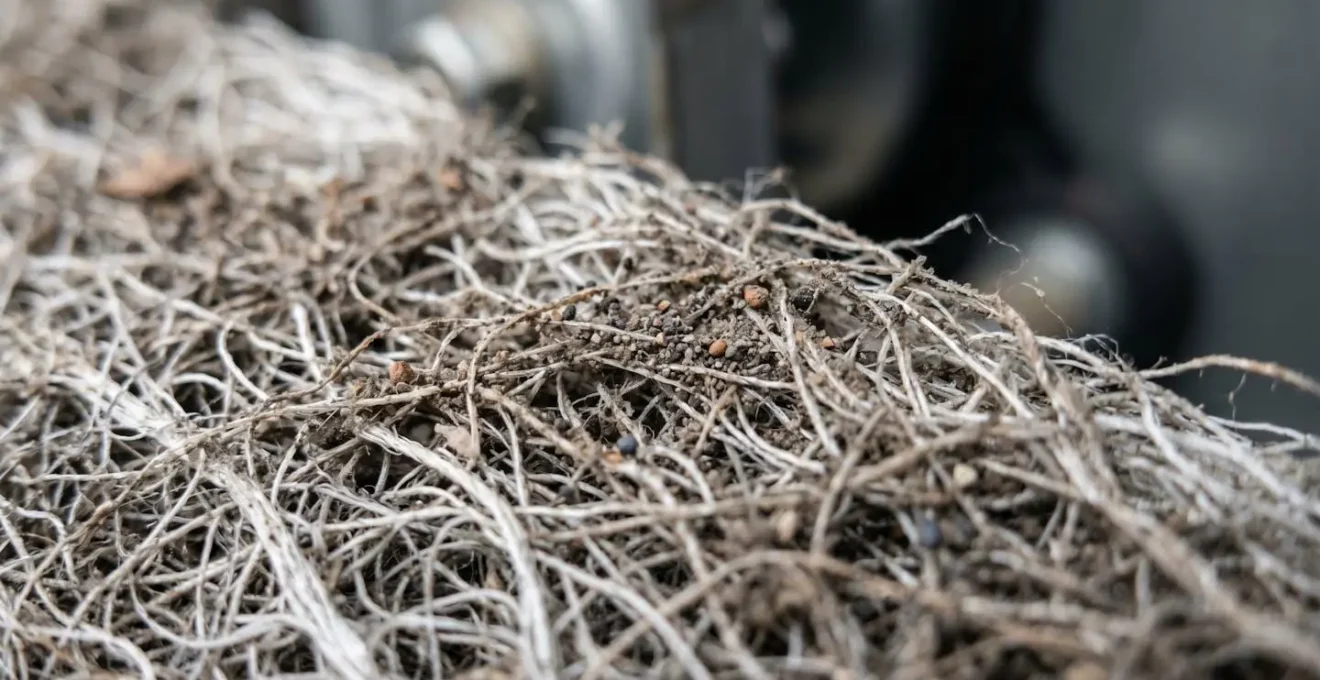 Extreme close-up macro photograph of HVAC air filter fibers showing texture and dust accumulation detail