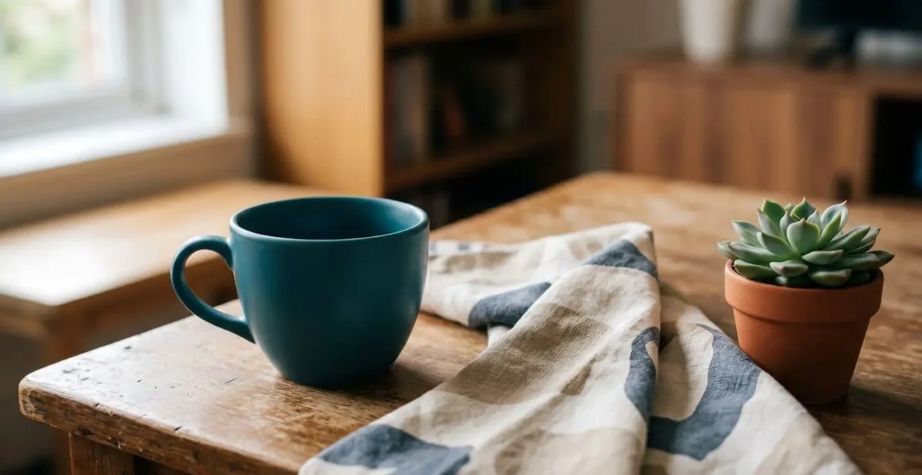 Close-up editorial photograph showing a carefully composed lifestyle vignette for rental property staging with minimal investment
