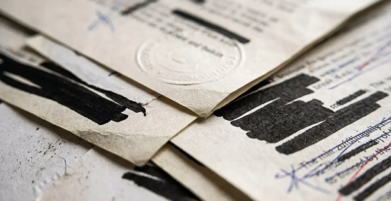 Extreme close-up of planning document pages showing redacted text and official stamps with shallow depth of field