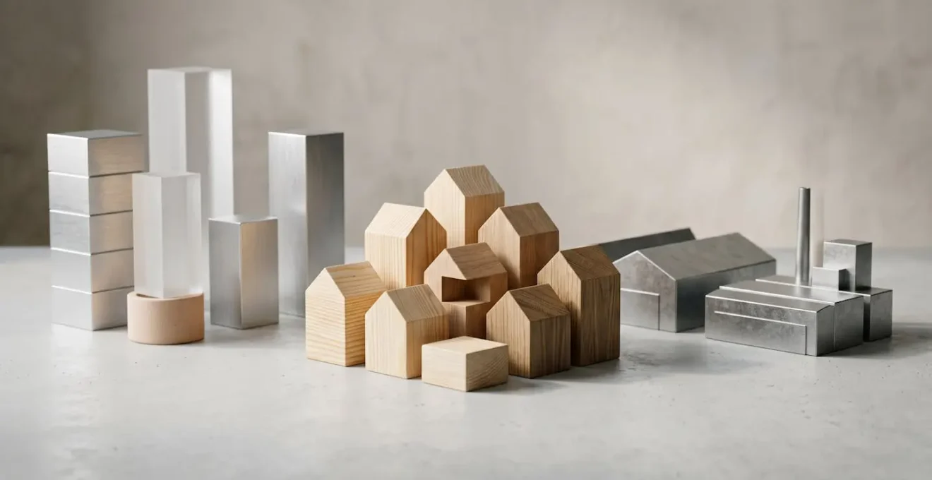 Balanced composition showing architectural elements representing different property types in harmonious arrangement