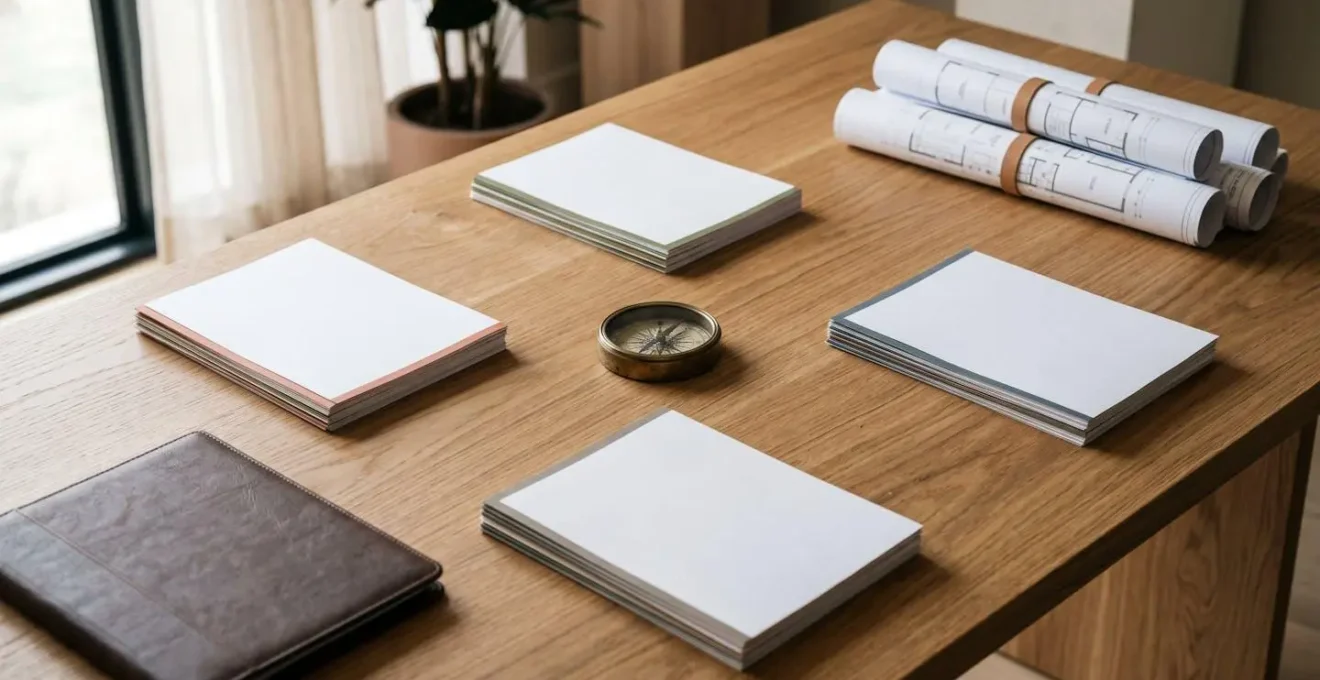 Aerial minimalist view of property portfolio assessment workspace with clean organization