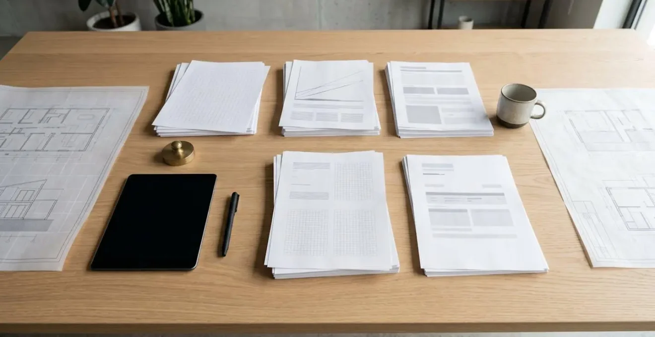 Overhead view of organized evidence dossier with property comparables, market data charts, and professional correspondence arranged on modern workspace