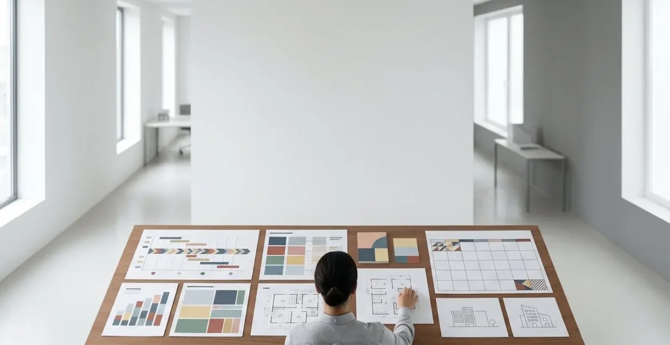 Wide environmental shot of property renovation planning workspace showing strategic timeline overview