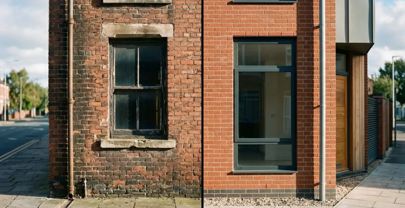 Symbolic dual composition showing contrast between neglected property and development potential through architectural elements