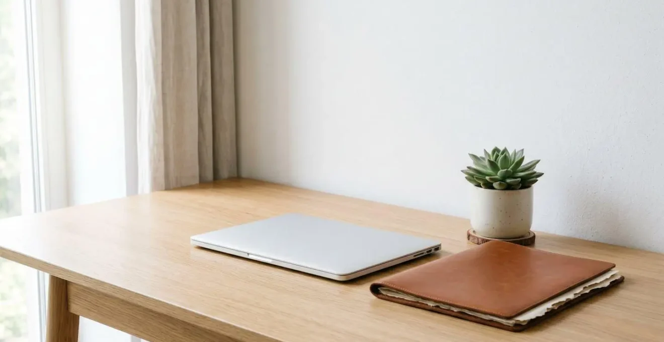 Minimal workspace with organized property improvement documentation and digital storage system