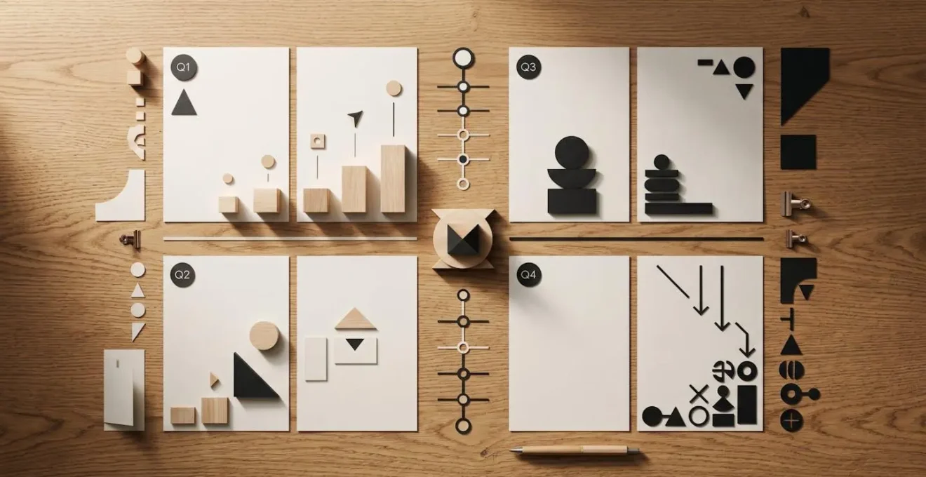 Minimalist desk scene showing strategic planning documents for property investment review cycles