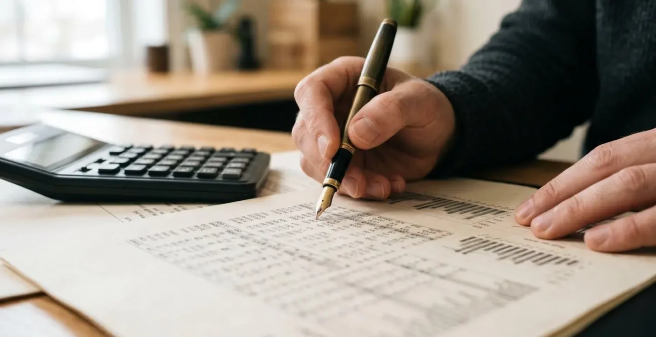 Close-up hands analyzing property investment performance spreadsheet with pen and calculator