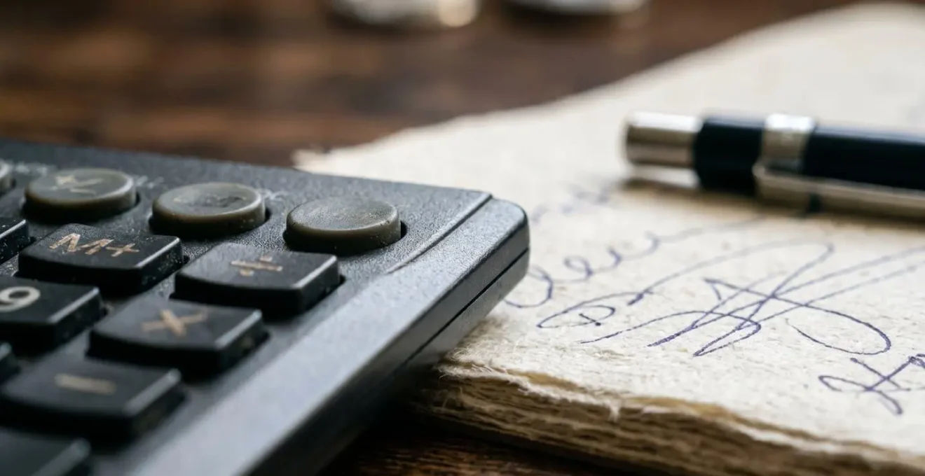 Close-up macro shot of financial calculation tools and property investment documents showing detailed textures