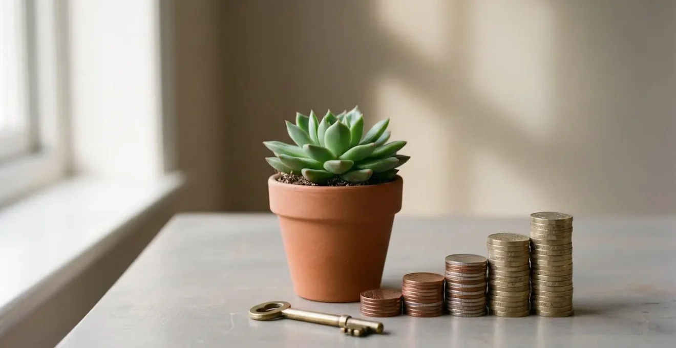 Symbolic representation of long-term tenant value through stacked coins and growing plant metaphor showing financial growth over time