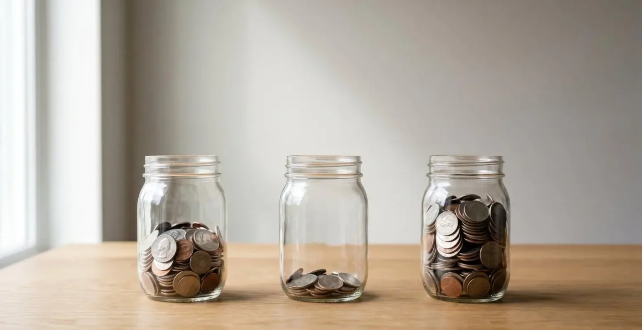 Three transparent glass jars on wooden surface representing distinct financial reserve fund buckets with coins of varying heights