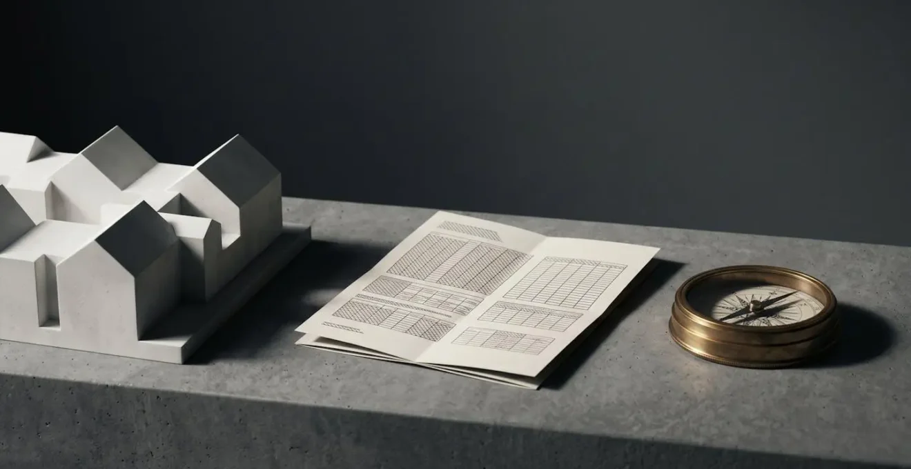 Symbolic representation of UK property market analysis with financial documents and architectural elements