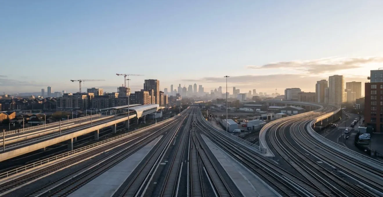 Modern UK transport infrastructure development zone with urban regeneration indicators