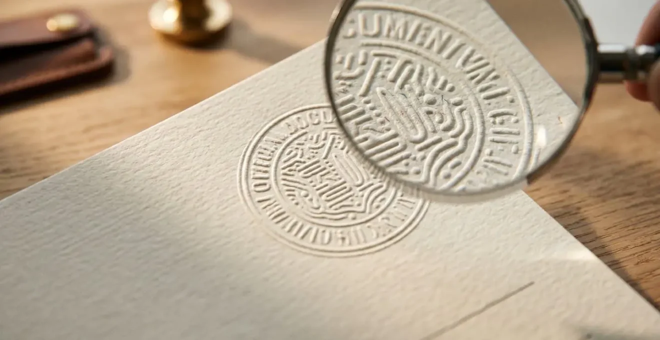 Close-up verification of professional financial certification documents with magnifying lens showing authentication details