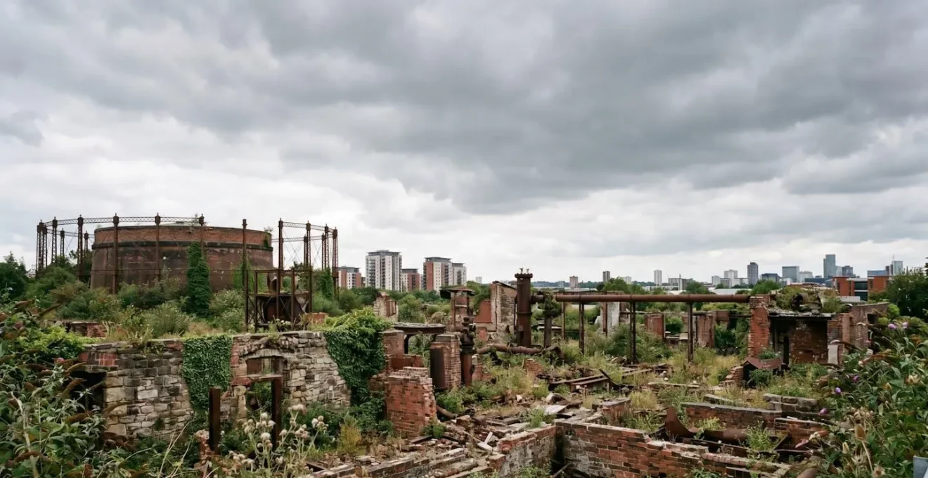 Decaying Victorian-era industrial infrastructure symbolizing hidden contamination risks beneath modern urban development sites